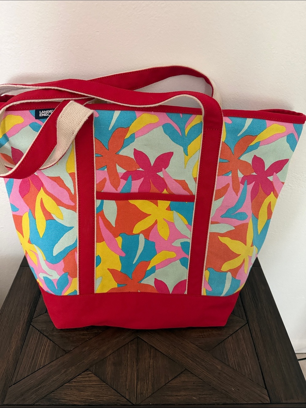 Lands’ End 5-Pocket Canvas Extra Large Tote Bag Floral Red Trim
